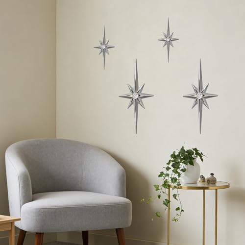 sxnzequnze 4 Pcs Star Wall Art for Home Decor Living Room Bedroom Office Metal 3D,Bling,with Hanging Hook Starburst Midcentury Sculpture Retro Gallery Accent Celestial -Silver 16.5in/9.4in - Image 7