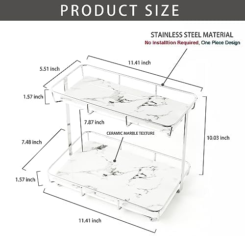 Bathroom Organizer Countertop Perfume Organizer Makeup Organizer Cosmetics Storage Display Rack Vanity Tray Dresser Stainless Steel Gold Shelf White Marble Ceramic Tray (2 Tier L-Sliver) - Image 6