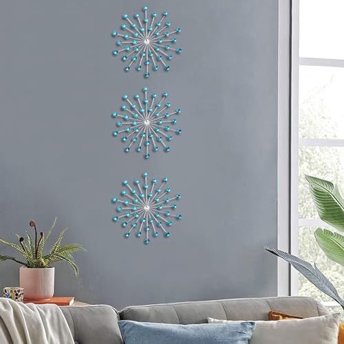 DXYAKY Set of 3 Modern Starburst Wall Decor, Metal Wall Sculpture with Crystal Accents, Blue 3D Wall Art for Living Room, Bedroom & Home, Elegant Hanging Wall Decoration - Image 3