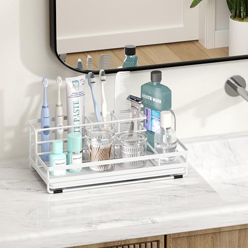 HapiRm Toothbrush Holders for Bathroom - 5 Partitions Bathroom Counter Organizer with Instant Drying Stone, Stainless Steel Countertop Storage Electric Toothbrush Toothpaste Holder - White - Image 7