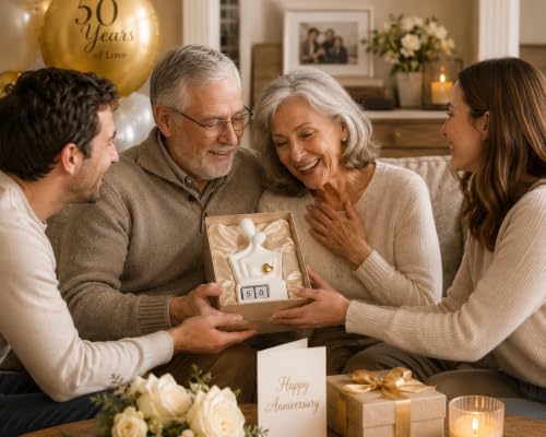 for Couples & Parents, Modern Ceramic Couple Sculpture with Fixed Gold Heart, Abstract Embrace Figurine Displays Anniversary Years 01-98, Wedding Home Decor, 7.3 Inch - Image 7