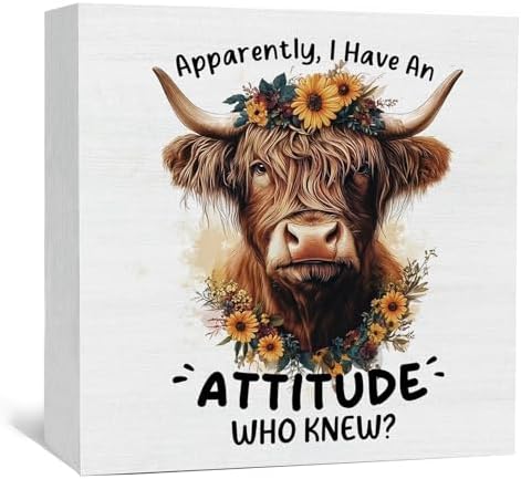 Highland Cow Sign, Farm Cottagecore Animal Office Kitchen Bedroom Decor, Apparently I Have an Attitude Who Knew Wooden Box Signs, Apparently Highland Cow Gifts for Women Men 8x8 in Decorative Signs & Plaques by Nitelat