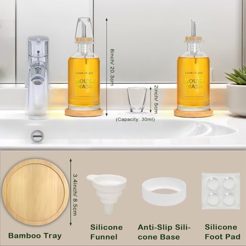Mouthwash Dispenser for Bathroom 11.8oz – Glass Mouthwash Bottle with Cup & Bamboo Tray, Gold Hot-Stamped Lettering, Silicone Base, Modern Bathroom Accessory (Clear, 11.8oz, 2pack) - Image 5