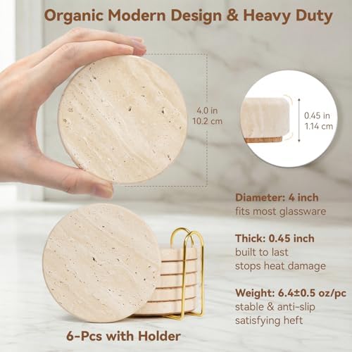 Travertine Marble Coasters Set of 6 with Holder, Cream Beige Stone - Image 4
