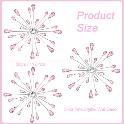 DXYAKY Set of 3 Pink Metal Starburst Wall Art Decor, Rhinestone Crystal Home Decor Accents, 11.8 Inch Decorative Wall Hanging Diamond, Jeweled Sparkle Wall Sculptures for Living Room Bedroom - Image 6