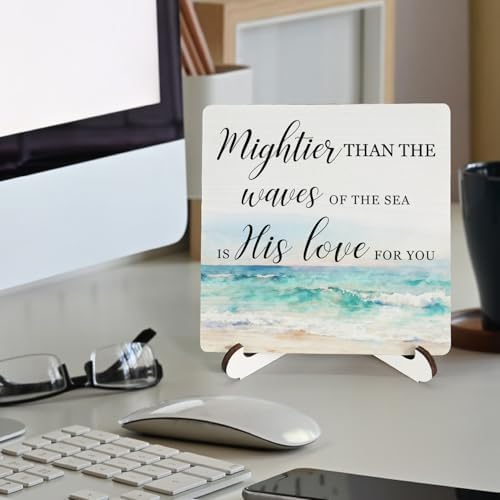 Prayer Closet Essentials Wooden Decor 5"X5", Mightier Than the Waves His Love Wooden Desk Table Sign for Prayer Corner Closet, Christian Desk Table Gifts for Woman Man (5x5 Inch) - Image 2