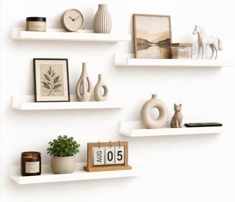 24inch Long Floating Shelves for Wall Decor, 5-Set Shelves with Lip, White by RicherHouse
