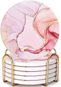 6 Pcs Pink Marble Abstract Ceramic Coasters with Holder for Coffee Table by Dksyee