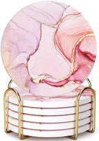 6 Pcs Pink Marble Abstract Ceramic Coasters with Holder for Coffee Table by Dksyee