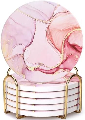 6 Pcs Pink Marble Abstract Ceramic Coasters with Holder for Coffee Table by Dksyee