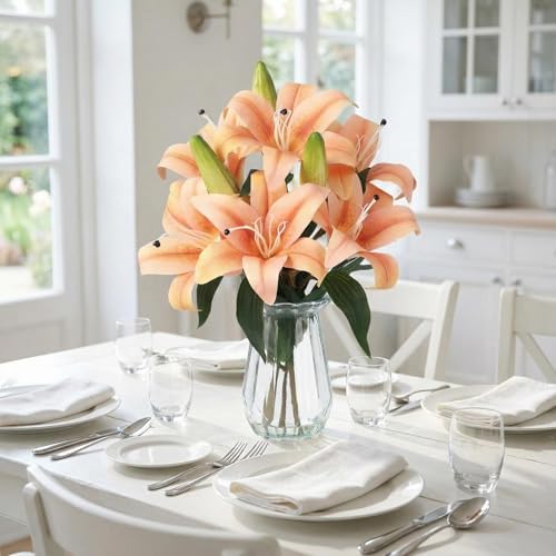 Garvee Faux Lily Flowers with Vase, 6 Heads Full Bloom Lily & 3 Buds, Long Stem Artificial Stargazer Lilies, Faux Tiger Bouquets in Glass Vase for Home Hotel Flower Arrangement Party Decor, Champagne - Image 5