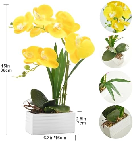 Artificial Real Touch Orchid Flowers with White Ceramic Vase, Yellow - Image 2