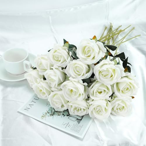 SITUMEIZI 15PCS White Artificial Roses Silk Flowers Fake Roses Realistic Bouquet Long Stem with Gift Box for Mother's Gift Day Home Party Wedding Decorations - Image 6