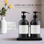 Glass Soap Dispenser Set of 2 (Black) with Silicone Tray | Hand and Dish Soap Dispenser for Kitchen and Bathroom | 16.8 Oz Glass Bottles with Stainless Steel Pump & 15 Waterproof Labels (Black) - Image 2