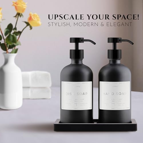 Glass Soap Dispenser Set of 2 (Black) with Silicone Tray | Hand and Dish Soap Dispenser for Kitchen and Bathroom | 16.8 Oz Glass Bottles with Stainless Steel Pump & 15 Waterproof Labels (Black) - Image 2