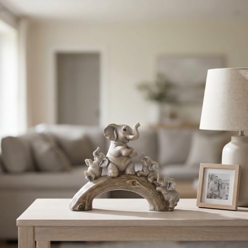 suruim Cute Elephant Statues - Good Luck Elephant and Her Three Children Playing on a Log Bridge for Living Room, Bedroom, Office Decor (Brown) - Image 2