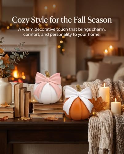 2-Pack Pumpkin Figurines with Bows for Fall Decor Autumn Harvest Decoration - Image 4