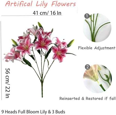 12 Artificial Lily Flowers with 9 Heads Full Bloom Lily & 3 Buds, Long Stem Artificial Stargazer Lilies, Faux Tiger Bouquets for Home Hotel Office Party Decor Table Centerpieces（Dark Pink - Image 4