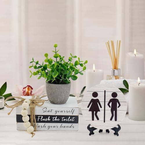 Bathroom Shelf Decor Signs, Book Stack and 3D Round Signs With Fake Plants, Funny Wooden Decor for Restroom Shelf Guest Bathroom (Flush the toilet) - Image 5