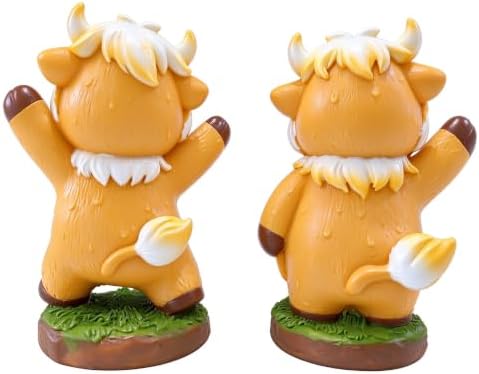 2 Pcs Highland Cow Figurines Resin Statues Cattle Decorations - Weaving Hands, Accent Farmhouse Tabletop Centerpiece for Christmas Thanksgiving Birthday Gift Home Office Shelf Mantel Table Decor - Image 4