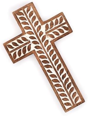 NIRMAN Mango Wood Religious Catholic Cross Wall Hanging Floral Carvings Living Room Home Décor for Entryway Office Living Room (10" x 6" x 0.75") - Image 3