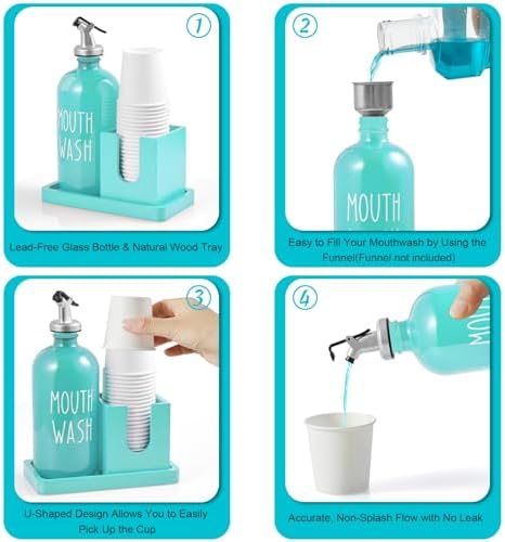 Turquoise Mouthwash Dispenser for Bathroom, 16 OZ Glass Mouthwash Dispenser with Wood Cup Holder and Tray, Mouth Wash Bottle Container, Teal Kitchen Bathroom Decor and Accessories - Image 4