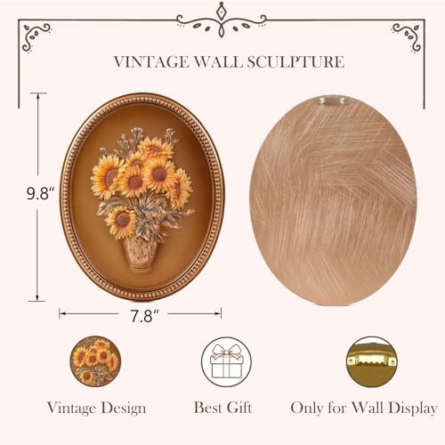 SIKOO Vintage Wall Sculptures Bronze Gold Sunflower Wall Art Hand Painted Ornate Wall Hanging Decoration Antique Pediment Wall Statue Ornament Decor Gallery for Kitchen Bedroom Living Room - Image 5