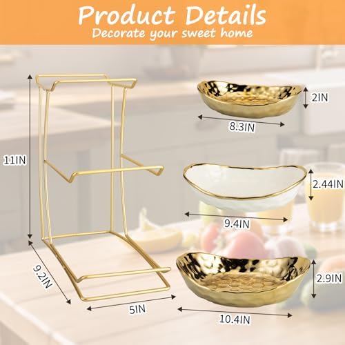 3 Tier Ceramic Fruit Bowl for Kitchen Counter with Metal Rack, Fruit Basket with Stand, Porcelain Bowls for Vegetable Bread Candy Snack Nuts Dessert Cake Tray (Gold 3 Layer) - Image 2