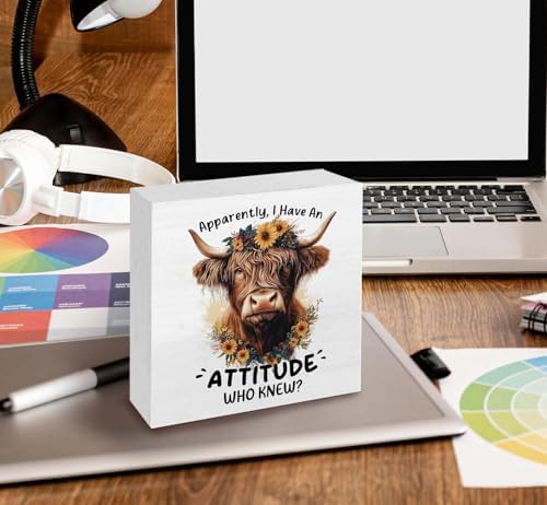 Highland Cow Sign, Farm Cottagecore Animal Office Kitchen Bedroom Decor, Apparently I Have an Attitude Who Knew Wooden Box Signs, Apparently Highland Cow Gifts for Women Men 8x8 in Decorative Signs & Plaques - Image 5