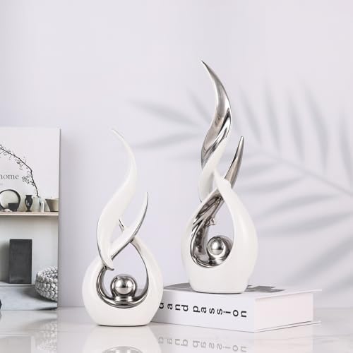 2 PCS White Silver Ceramic Statues For Home Decor Accents, Modern Abstract Art Sculptures, Elegant Tabletop Decorative Objects For Dining Room, Entryway, Tv Stand, Mantel, Coffee Table Centerpieces - Image 4