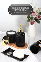 Designer Black Glass Bathroom Accessories Sets - 4 Pcs with Lotion Soap Dispenser, Bathroom Toothbrush Holder, Vanity Tray, and Apothecary Jar, Vintage Bathroom Decor, Gift Countertop Organizer - Image 4