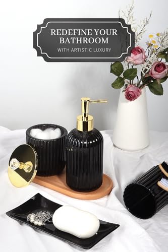 Designer Black Glass Bathroom Accessories Sets - 4 Pcs with Lotion Soap Dispenser, Bathroom Toothbrush Holder, Vanity Tray, and Apothecary Jar, Vintage Bathroom Decor, Gift Countertop Organizer - Image 4