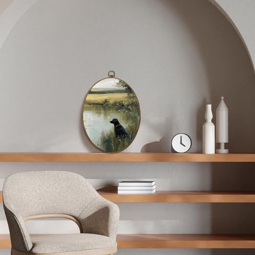 CUANFDDSF Vintage Black Labrador Landscape Oval Wall Art Decor, Countryside Cottagecore Farmhouse Cabin Wall Hanging Decor, French Country Framed Canvas Prints for Bedroom Living Room, 8.6x11.4 Inch - Image 3