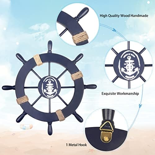 2 Pack 11" Nautical Beach Wooden Ship Wheel and 13" Wooden Anchor with Rope Nautical Boat Steering Wheel Rudder Anchor Wall Art Decor Door Hanging Ornament Beach Theme Home Decoration(Blue) - Image 3
