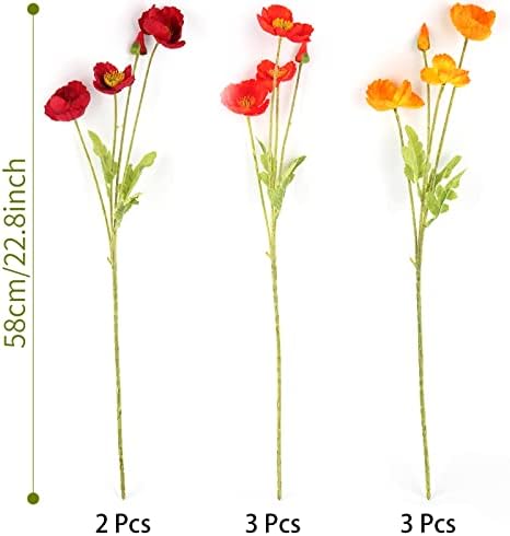 Artificial Poppies, Red and Orange Silk Poppies Artificial Flowers - 24x Blooming California Poppy Flower Artificial Plus 8X Buds for Home Decoration, RDOR8 - Image 2