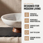 Decorative Marble Bowl White - Removable Acacia Wood Pedestal - 10" - Image 3