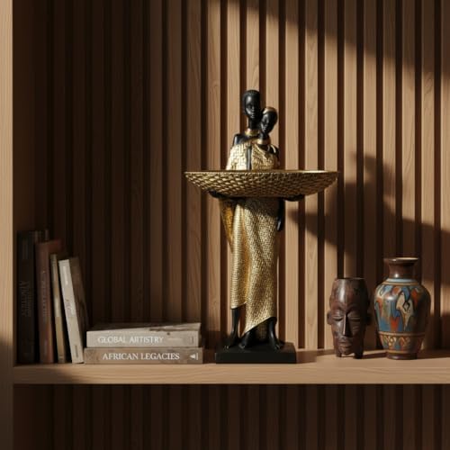 Lescafita African Couple Statue Standing with Basket, Gold - Image 2
