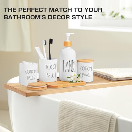 White Bathroom Accessories, 5 Pcs Glass Bathroom Accessory Set with Bamboo Tray, Soap Dispenser and Toothbrush Holder Set, Qtip and Cotton Ball Holder, Farmhouse Boho Bathroom Set Complete - Image 6
