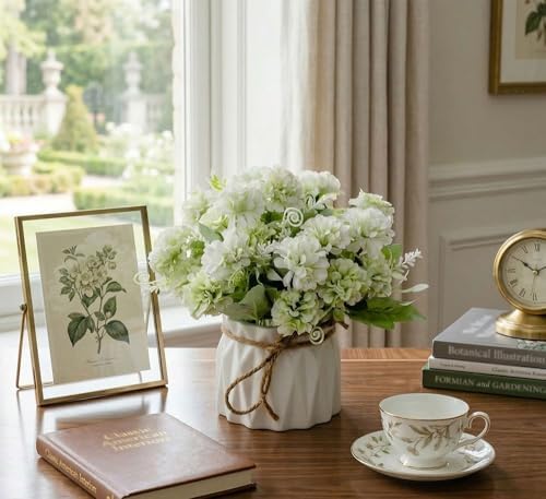 TKAS Fake Flowers Arrangement in Ceramic Vase, Artificial Faux Silk Hydrangea, Small Realistic Dried-Style Floral, Dining Table Centerpiece for Wedding Party Home Decoration (Green) - Image 5