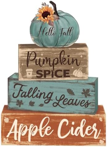 4 Pcs Fall Teal Decor for Home Fall Pumpkin Wooden Sign with Sunflower by Quzzil