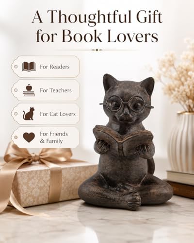 Bronze Cat Figurine Reading Book, Resin Home Décor Accents Statue with Glasses, Cute Tabletop Decor for Bookshelf Desk Office Library, Cat Lovers Gifts for Women Man Teacher Student (Reading Cat) - Image 2