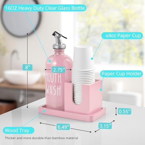 Glass Mouthwash Dispenser for Bathroom, 16 OZ Mouthwash Dispenser with Pour Spout and Wood Cup Holder and Tray, Mouth Wash Bottle Container, Farmhouse Kitchen Bathroom Decor and Accessories, Pink - Image 3