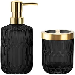 RRM Glass Bathroom Toothbrush Holder and Soap Dispenser Set,Black Gold by RRM