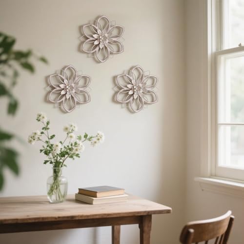 Whitewash Flower Wall Decor,Metal Wood Rustic Farmhouse Wall Art 12inch - Image 4