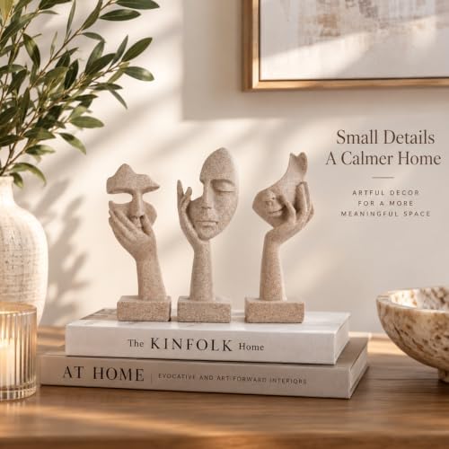 3 Pcs Thinker Statue - Resin Art Abstract Home Accent Figurines for Decor Apartment Bookshelf Floating Shelf Living Room Coffee Table Office Desk Counter Decor (3 Pcs Sandstone, 6") - Image 2