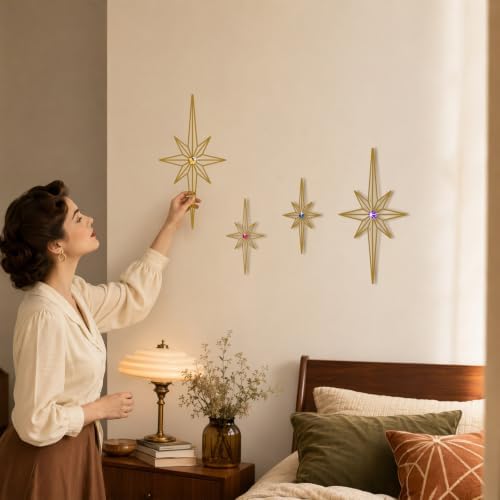 sxnzequnze 4 Pcs Star Wall Art for Home Decor Living Room Bedroom Office Metal 3D,Bling,with Hanging Hook Starburst Midcentury Sculpture Retro Gallery Accent Celestial -Gold 16.5in/9.4in - Image 4