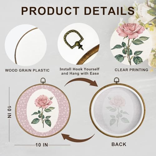 dvhdajed Coquette Pink Rose Round Wall Art Decor, Preppy Floral Framed Canvas Art, Pink Rose Nursery Round Wall Hanging Decor for Girl Room Bedroom Living Room Bathroom, 10x10 Inch - Image 7