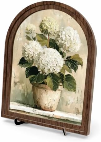 Tabletop Decor White Hydrangea Sign, Arched Wooden Frame with Stand, Flower Home Retro Decorations, Farmhouse Floral Decor, Rustic Potted Flower Art for Living Room Bedroom by Unknown