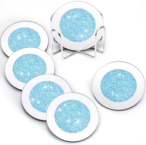Jetec 6 Pcs Mirrored Glass Coasters with Holder, Bling, Navy Blue, 4 Inch by Jetec