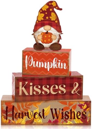 4 Pcs Fall Decor for Home Gnomes Pumpkin Wooden Signs with Harvest Wishes by Quzzil
